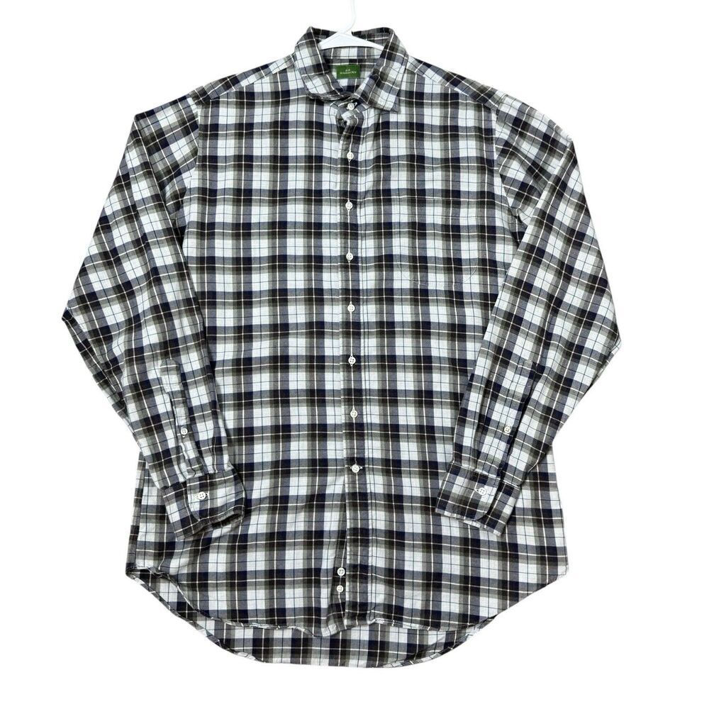 Sid Mashburn Spread Collar Sport Shirt Mens Size L Flannel Plaid Green Gray Blue